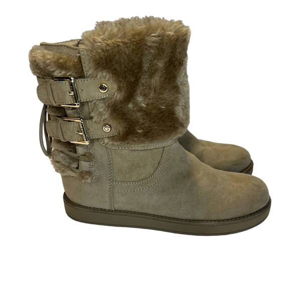 Guess, Tan Suede, Faux Fur Cuff Ankle Boots,6.5m Gold Buckle - Picture 4 of 10